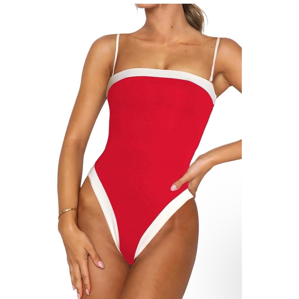 Roevite Red White Contrast High Cut One‎ Piece Swimsuit XL Tie Back Padded